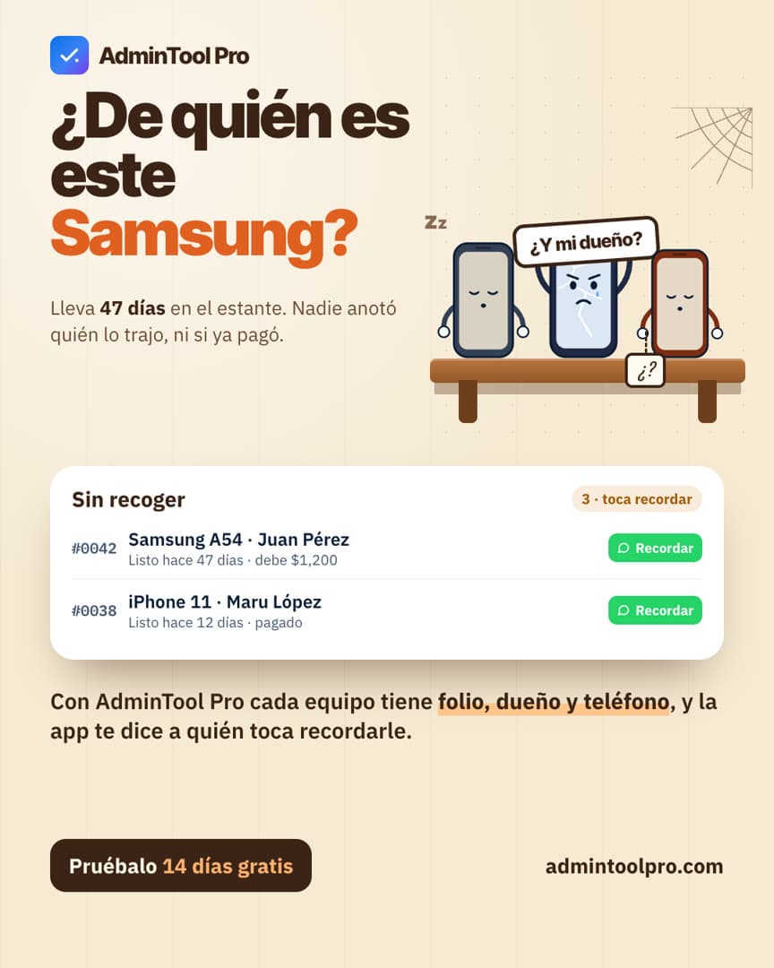 Ilustración: tres celulares con cara empolvados en un estante; uno sostiene un letrero que dice ¿Y mi dueño?