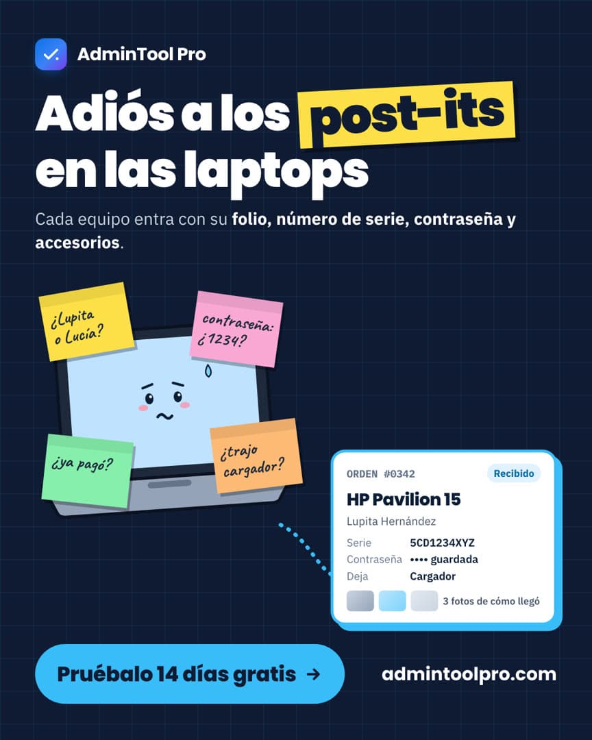 Ilustración: una laptop preocupada tapizada de post-its que dicen ¿Lupita o Lucía? y contraseña: ¿1234?, junto a la orden limpia de una HP Pavilion 15.