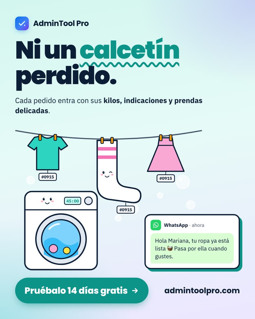 Ilustración: tendedero con una playera, un calcetín sonriente y un vestido, cada uno con su etiqueta de folio, y una lavadora con cara.