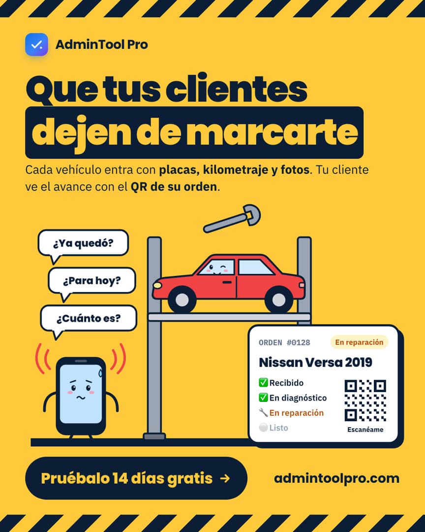 Ilustración: un carro con cara en el elevador del taller y un teléfono estresado con globos que dicen ¿Ya quedó?, ¿Para hoy? y ¿Cuánto es?