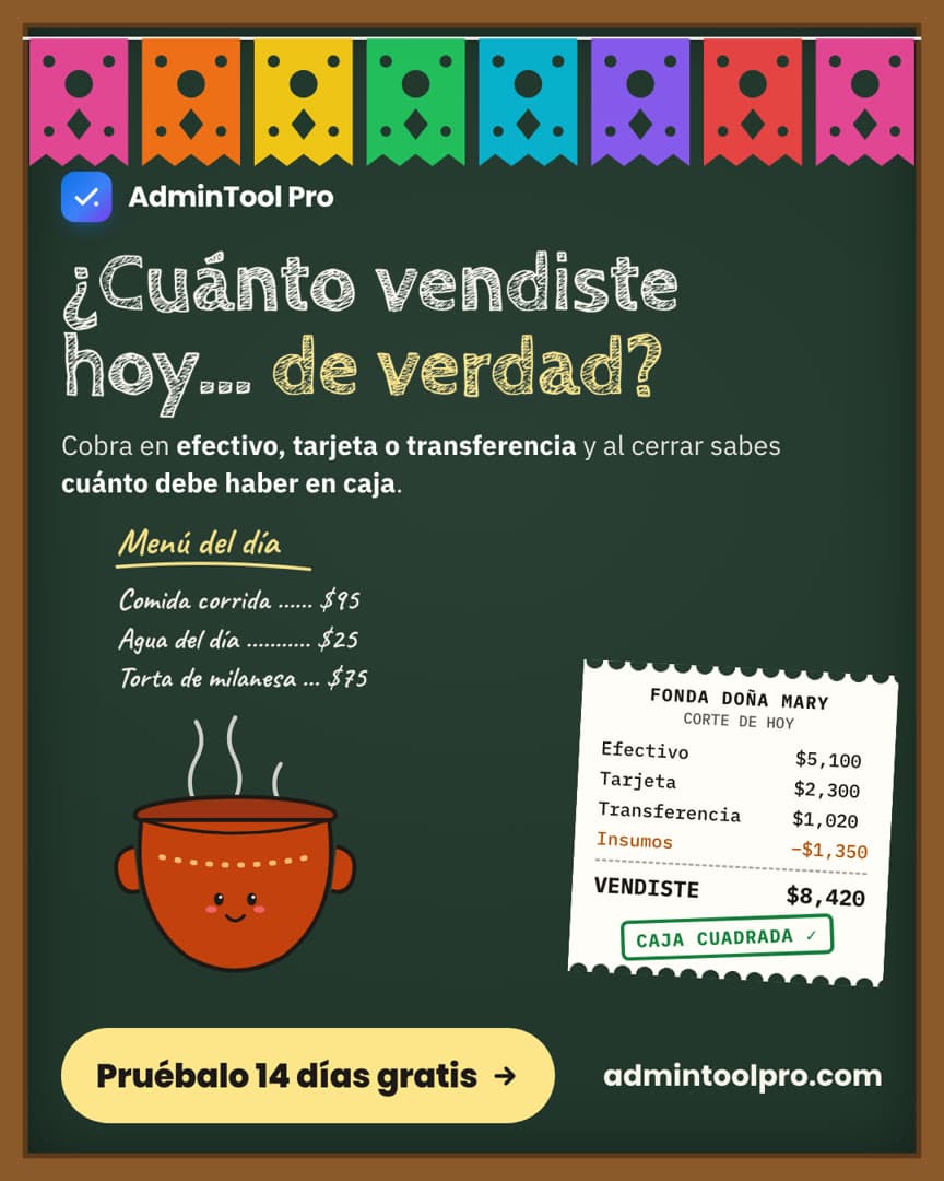 Ilustración: pizarrón de fonda con papel picado y el menú del día escrito con gis, una olla de barro sonriente y el ticket del corte de hoy.
