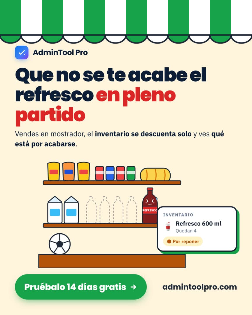 Ilustración: tiendita con toldo verde y blanco; en el estante solo queda un refresco preocupado junto al aviso de inventario por reponer.