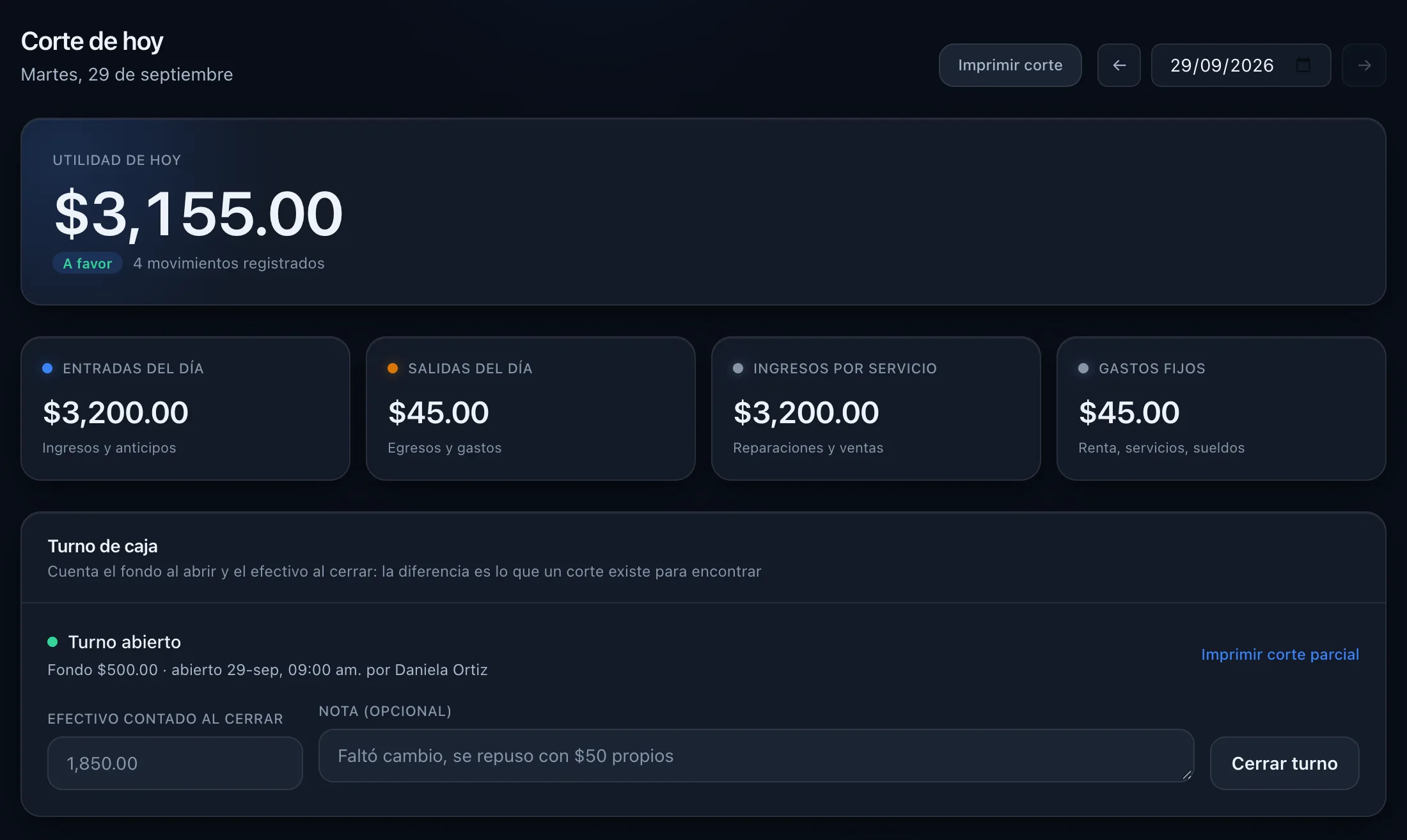 Corte de hoy con la utilidad del día, entradas, salidas y el turno de caja abierto