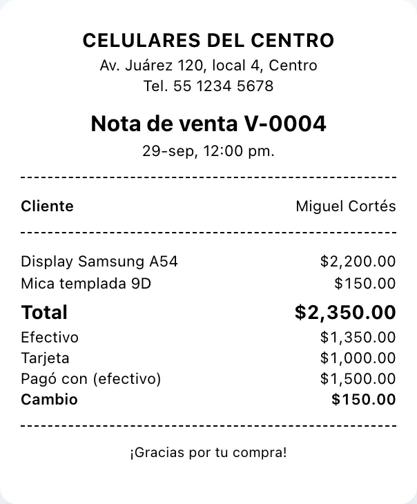 Nota de venta impresa con el pago en efectivo y con tarjeta, con cuánto pagó y el cambio