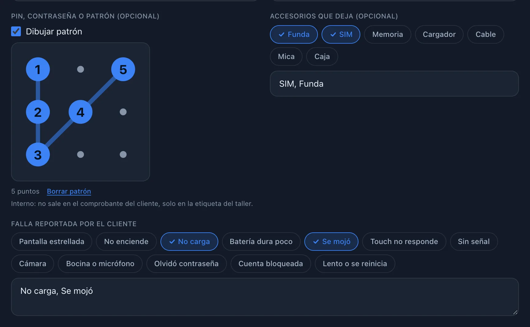 Recepción de un Samsung Galaxy A54: patrón de desbloqueo dibujado, accesorios y fallas marcados con botones